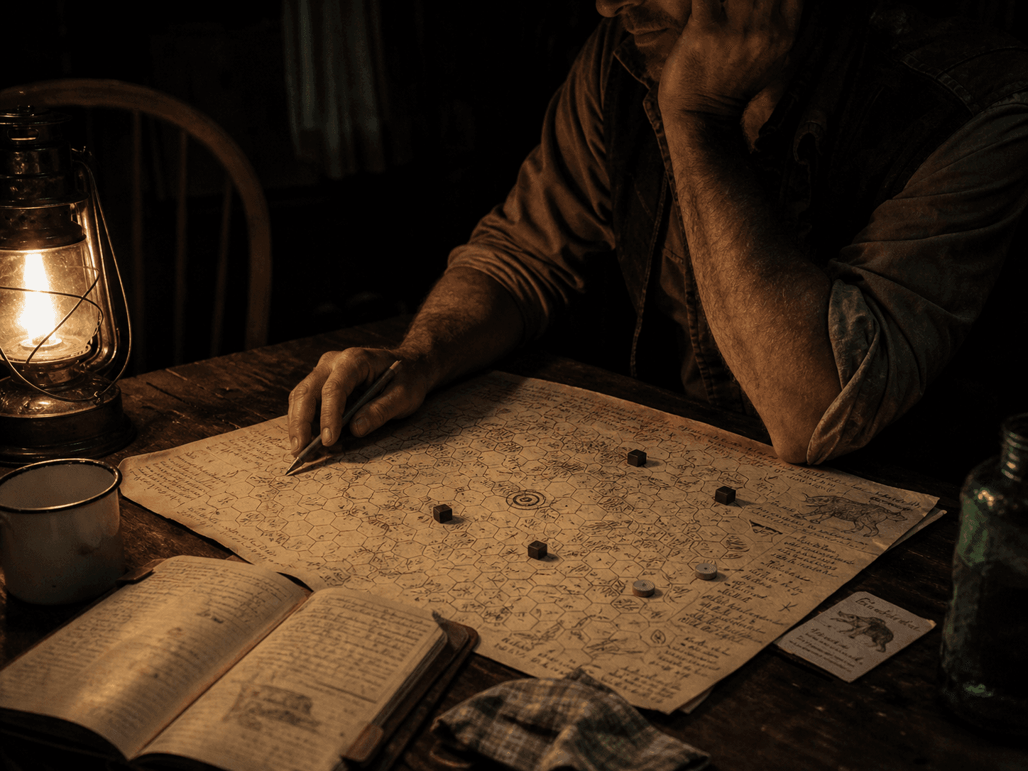 A single hunter alone at a wooden table late at night, hand pressed to temple, pencil resting on a densely annotated hexagonal map covered in X marks and concentric rings; one lantern, one notebook, one cup, an empty pulled-out chair behind.