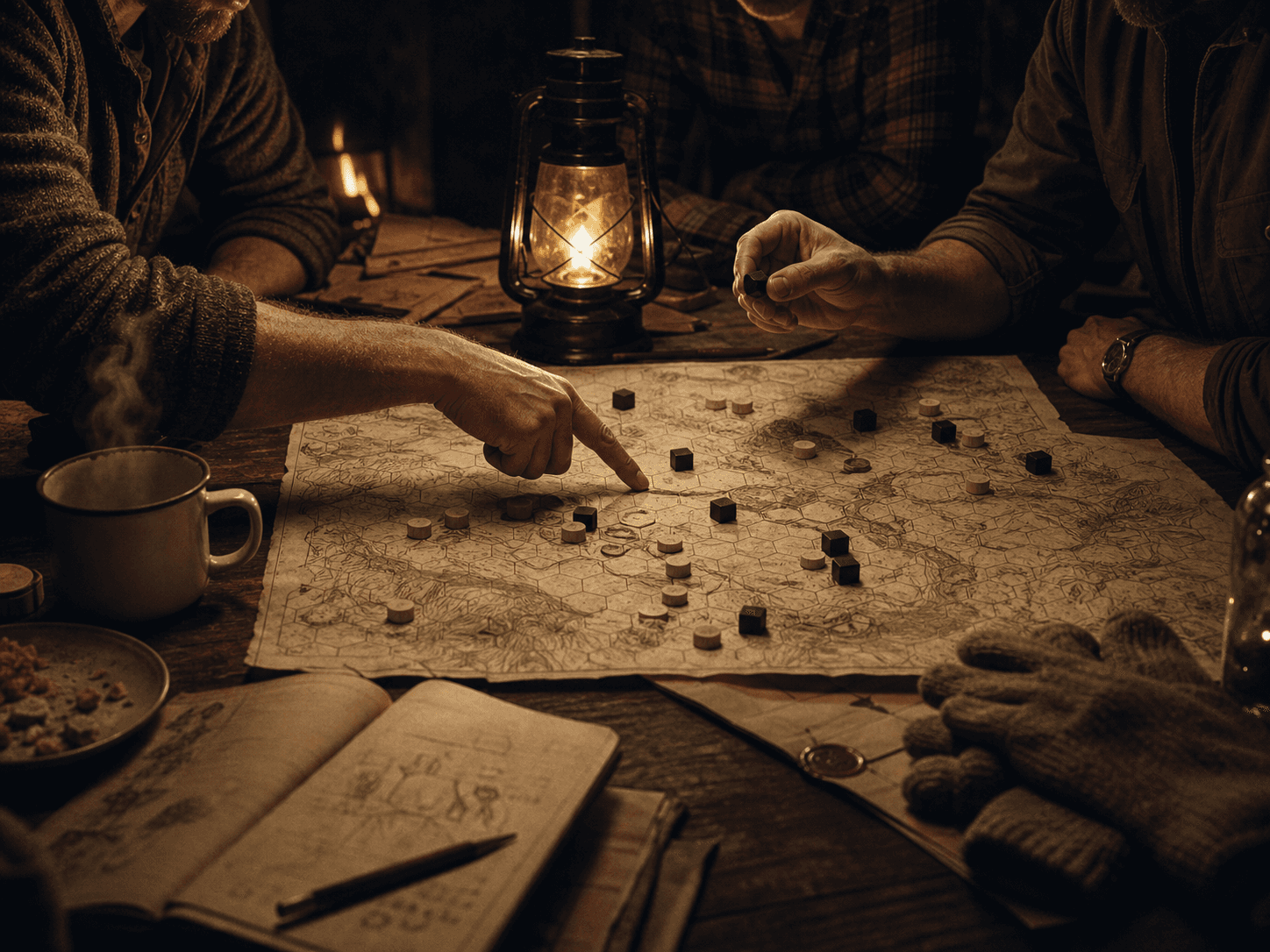 Three hunters' hands and torsos clustered around a lantern-lit hexagonal map, one finger pointing at a hex, another hand holding a black cube; an enamel coffee mug, an open notebook, and a green-glass bottle at the table's edges in warm amber light.